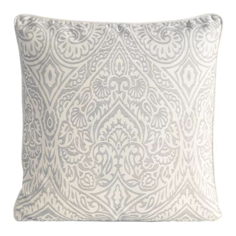 Poszewka na poduszkę 50x50 cm bawełniana z dodatkiem lnu beżowo, stalowa zdobiona wzorem ornamentu LEN Eurofirany