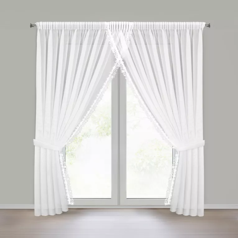 Firana biała z etaminy zdobiona ażurową koronką 400x250 cm troczek w zestawie, taśma - ARTEMIDA Eurofirany