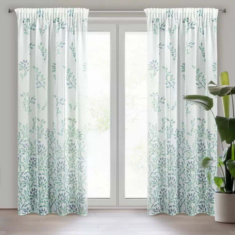 Dekoracja okienna biało, zielona z lekkiej etaminy z nadrukiem gałązek 140x270 cm taśma CLARISSA Design 91 Eurofirany