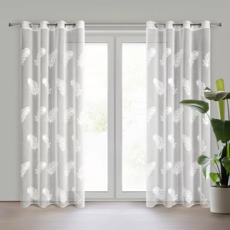 Firana biała z etaminy zdobiona haftem piór 140x250 cm przelotka - LIRENA - Eurofirany