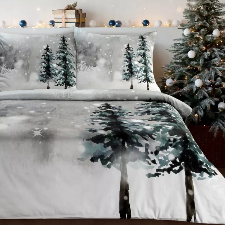 Pościel świąteczna 220x200 cm z satyny bawełnianej, kolor jasnoszary, biały zdobiona nadrukiem zimowego krajobrazu FOREST Eurofirany