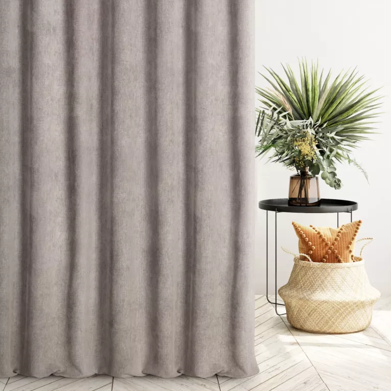 Zasłona szyta na flexach ciemnobeżowa z miękkiej matowej tkaniny szenilowej o naturalnym splocie