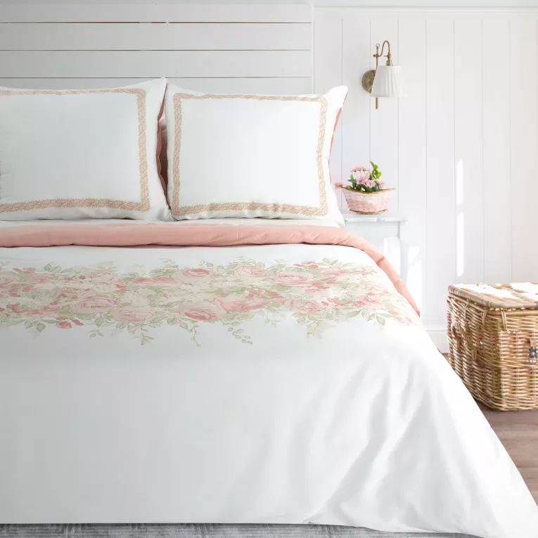 Pościel 220x200 cm bawełniana kolor biały, pudrowy róż styl romantyczny SPRING 25 Eurofirany