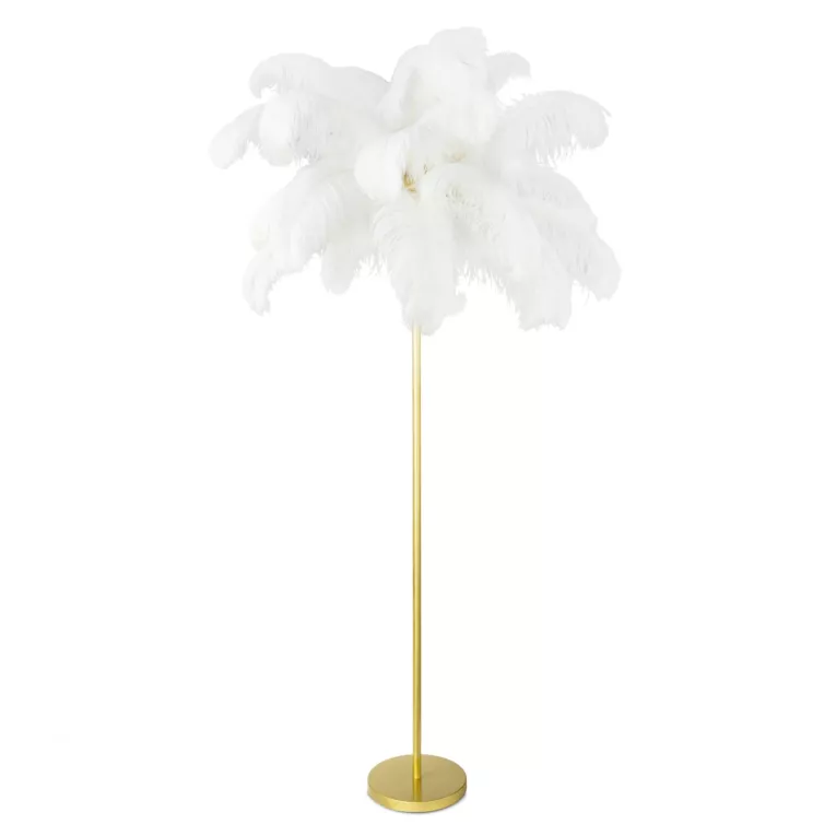 Lampa stojąca do salonu biało, złota FERI na metalowej podstawie z efektownym abażurem z naturalnych strusich piór Eurofirany