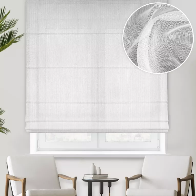 Roleta rzymska TANYA biała matowa z efektem drobnych pionowych nitek, wykończona obciążnikiem