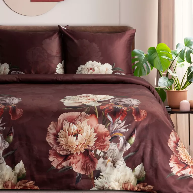 Pościel 220x200 cm z makosatyny bawełnianej kolor bordowy, beżowy z motywem kwiatów REINA 47 Eurofirany