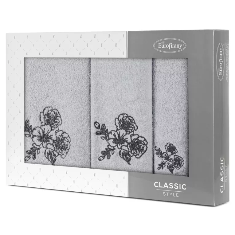 Zestaw ręczników bawełnianych 3 szt kolor srebrny, stalowy z haftem kwiatów 400 g/m2 MELANI Eurofirany