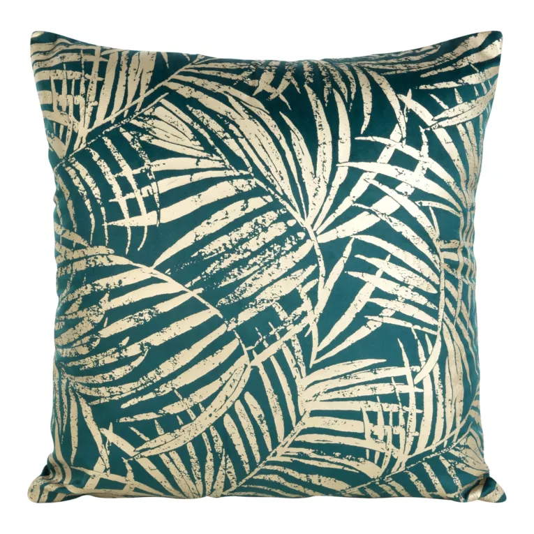 Poszewka na poduszkę 45x45 cm welwetowa ze złocistym nadrukiem botanicznych liści ciemnoturkusowa BLINK 26 Eurofirany