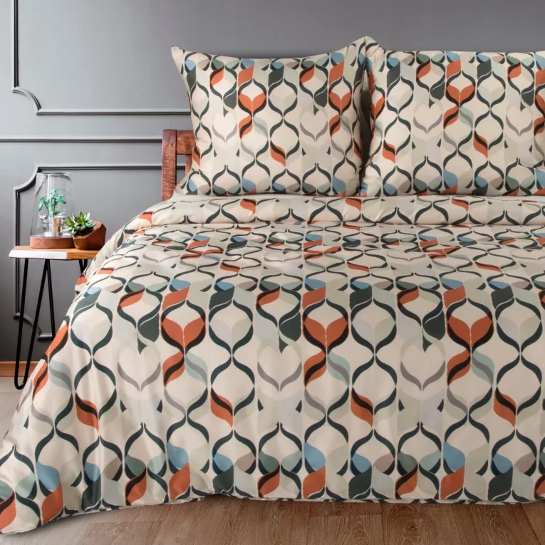 Pościel 220x200 cm z satyny bawełnianej kolor beżowy, pomarańczowy z wzorem geometrycznym DIVA 19 Diva Line Eurofirany