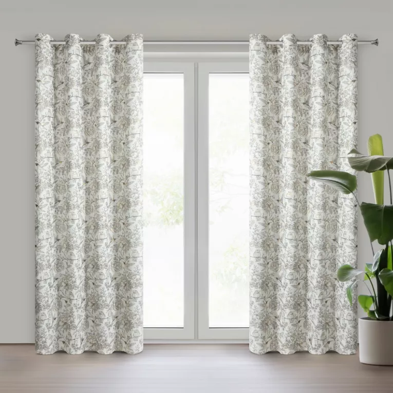 Zasłona naturalna, czarna o naturalnym splocie i nadrukiem botanicznym zdobiona złotymi akcentami 140x250 przelotki - LUCINA 2 Eurofirany