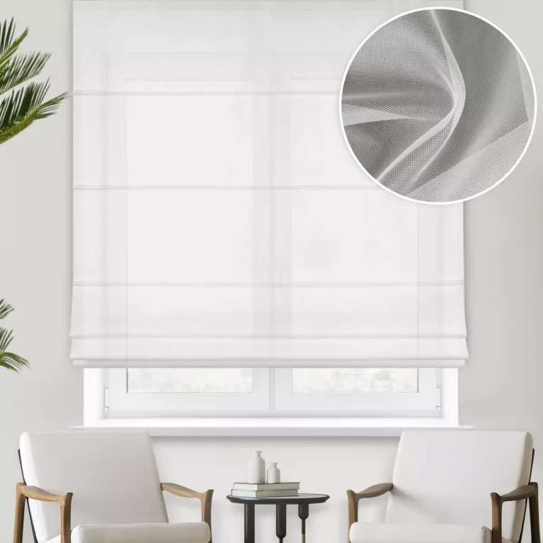 Roleta rzymska kremowa z supermiękkiej tkaniny o perłowym połysku, wykończona obciążnikiem