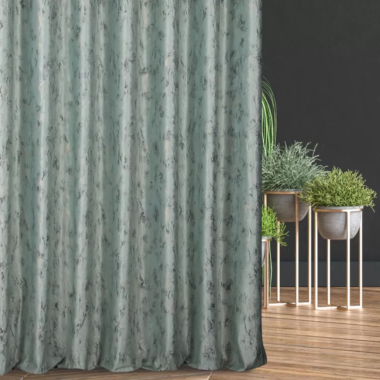 Zasłona szyta na taśmie 5 cm jasnomiętowo złocista z tkaniny welwetowej ze złotym marmurkowym nadrukiem