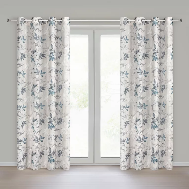 Zasłona naturalno, niebieska o naturalnym splocie zdobiona motywem roślinnym 140x250 cm przelotka - NICOLA Eurofirany