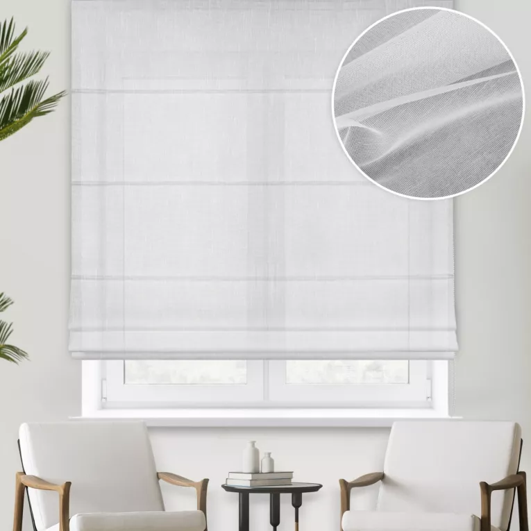 Roleta rzymska biała z matowej tkaniny Aden,wykończona obciążnikiem
