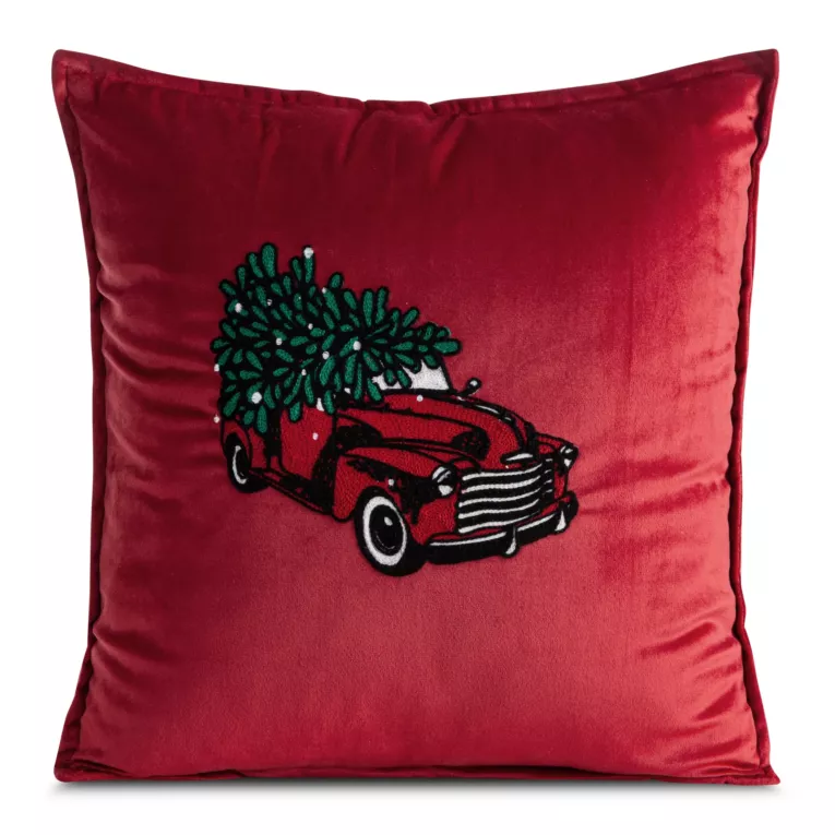 Poszewka na poduszkę 45x45 cm welwetowa z haftem z samochodem z choinką czerwona Eurofirany