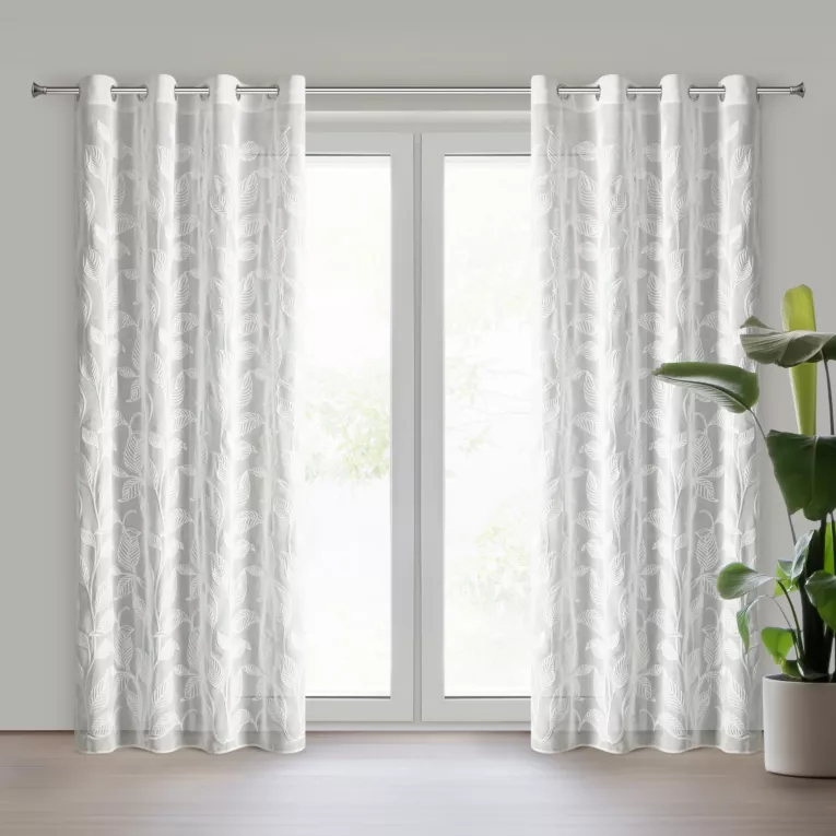 Zasłona biała zdobiona szenilowym haftem w liście 140x250 cm przelotki - HOLI Eurofirany