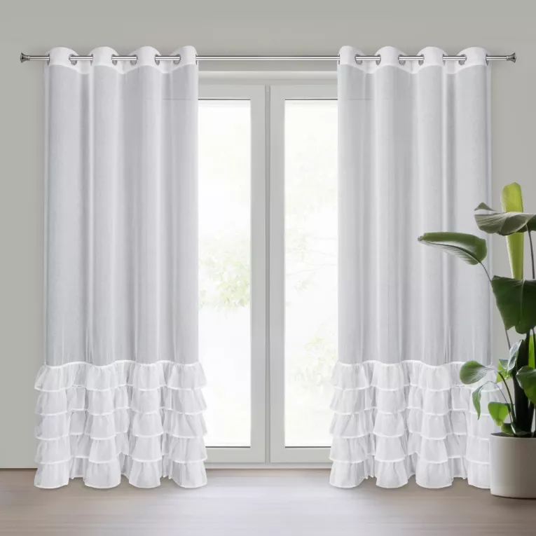 Firana biała z etaminy zdobiona falbanami i lśniącym pasem kryształków 140x250 cm przelotka CARLI Eurofirany