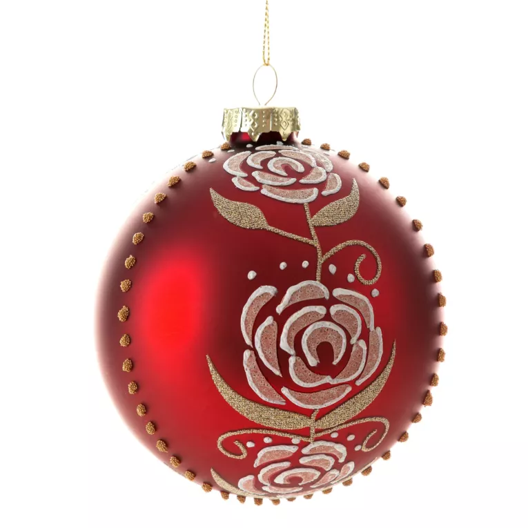 Klasyczna szklana bombka ręcznie zdobiona z błyszczącym wzorem róży Eurofirany