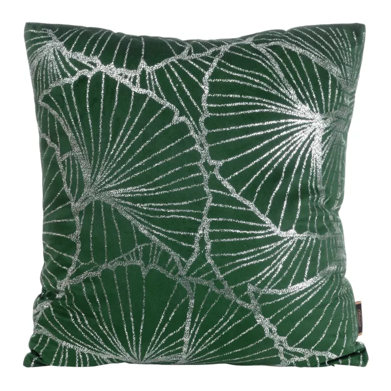 Poszewka na poduszkę 45x45 cm welwetowa z nadrukiem srebrnych liści miłorzębu ciemnozielona BLINK 39 Eurofirany