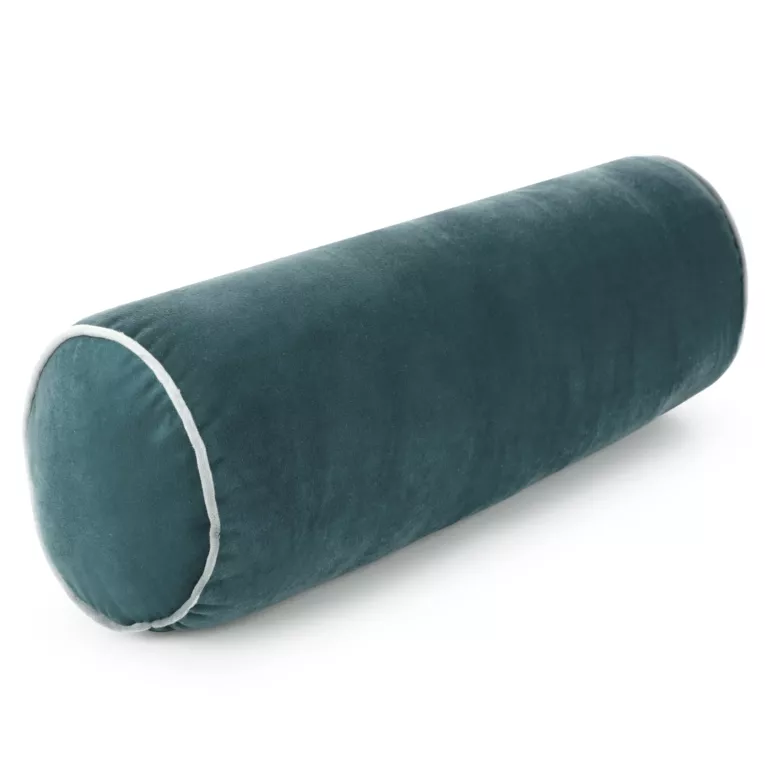 Poduszka dekoracyjna wałek 45 x 15 cm welwetowa ciemnoniebieska zdobiony kontrastującą lamówką GAJA Eurofirany