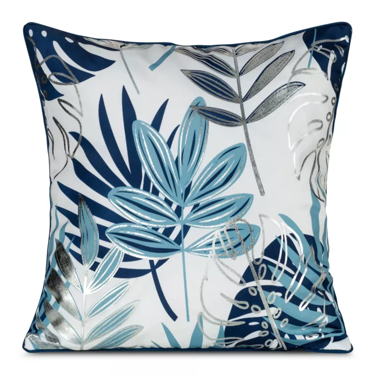 Poszewka na poduszkę 45x45 cm z tkaniny typu oxford zdobiona srebrnymi egzotycznymi liśćmi granatowa MALTA Eurofirany