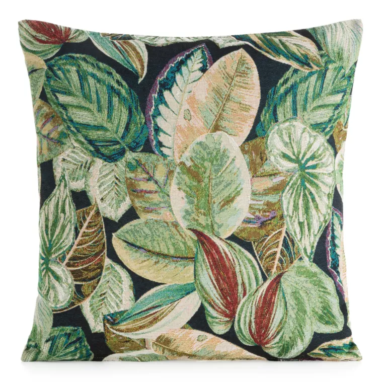 Poszewka na poduszkę 45x45 cm bawełniana, żakardowa z motywem liści zielono, czarna GOBELIN Eurofirany