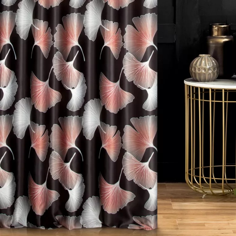 Zasłona szyta na taśmie 5 cm grafitowo bordowa z miękkiej tkaniny drukowanej w roślinny wzór