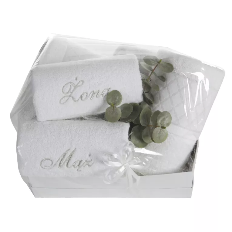 Zestaw ręczników bawełnianych na prezent 2 szt 30x50 cm, 2 szt 50x90 cm, 2 szt 70x140 cm kolor biały z subtelnym haftem ŻONA MĄŻ Eurofirany