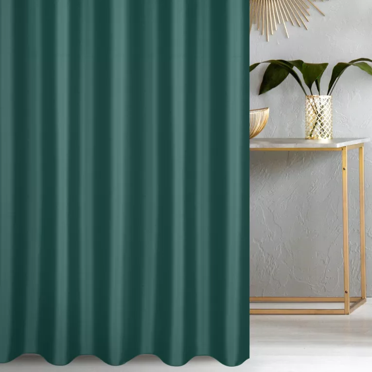 Zasłona szyta na taśmie fala turkusowa z gładkiej tkaniny zaciemniającej typu dimout wykończona obciążnikiem