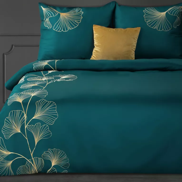 Pościel 160x200 cm z satyny bawełnianej kolor turkusowy haftowana w złote liście miłorzębu HAFT 2 Eurofirany Premium