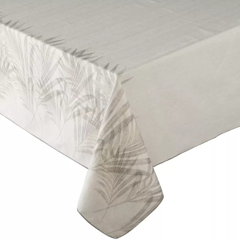 Obrus beżowo, kremowy 145x300 cm INES 11 z nadrukowanym motywem liści palmowych