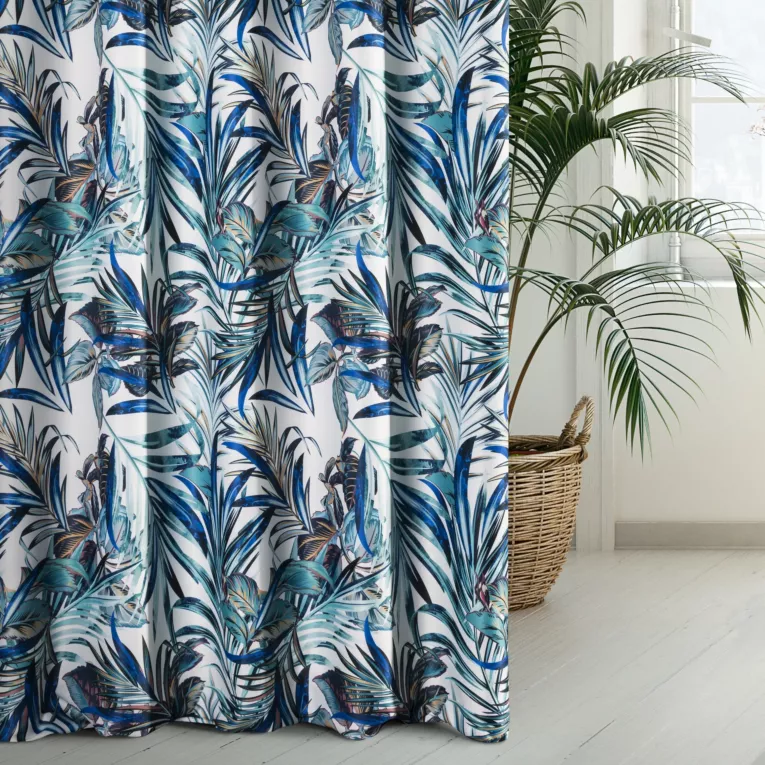 Tkanina zasłonowa zaciemniająca typu dimout z motywem egzotycznych liści Eurofirany