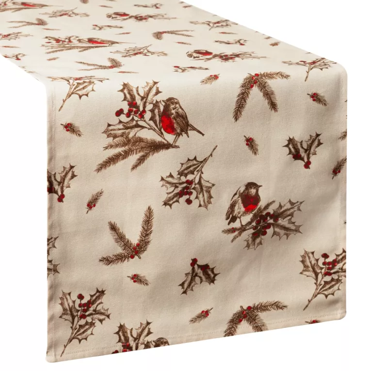 Bieżnik świąteczny 40x140 cm beżowo, brązowy bawełniany zdobiony zimowym nadrukiem MELODY Eurofirany