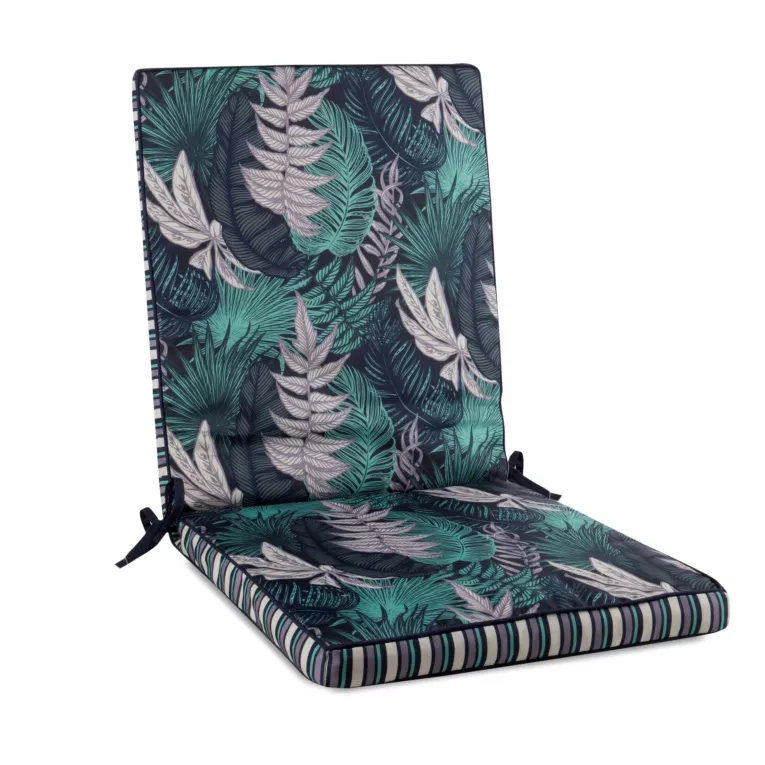 Poduszka na krzesło 42 x 92 x 4 cm wodoodporna granatowo, turkusowa zdobione motywem botanicznym GARDEN Eurofirany
