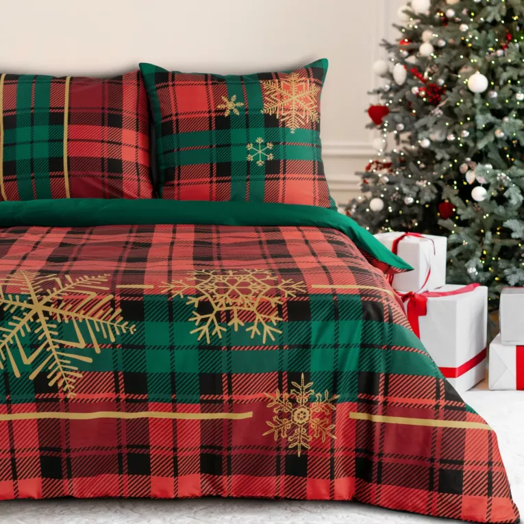 Pościel świąteczna 160x200 cm bawełniana kolor czerwony, butelkowa zieleń z motywem kraty CHERRY Eurofirany