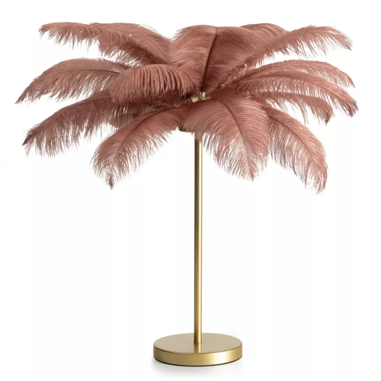 Lampa stojąca do salonu pudrowo, szampańska FERI na metalowej podstawie z niezwykle efektownym abażurem z naturalnych strusich piór Eurofirany