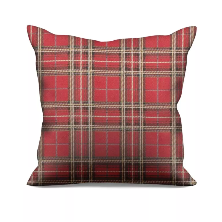Poszewka szyta czerwona z tkaniny gobelinowej o wzorze w kratę
