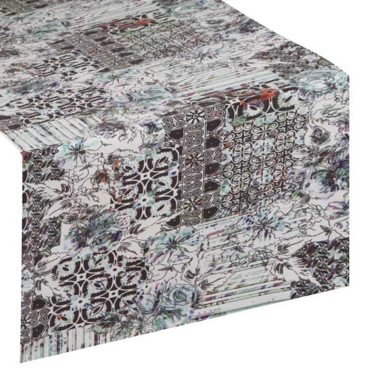 Bieżnik na stół biało, czarny 35x140 cm welwetowy DORIT z trójwymiarowym nadrukiem