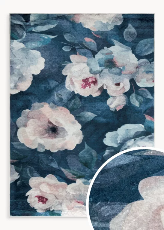 Dywan 50x80 cm ciemnoniebiesko, pudrowy z motywem kwiatu róży LOTUS 5 Eurofirany