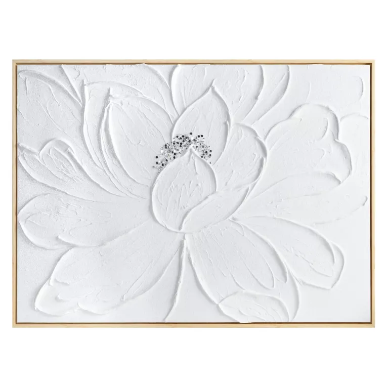 Obraz biały ręcznie malowany trójwymiarowy kwiat zdobiony kryształkami 60x90 cm Eurofirany