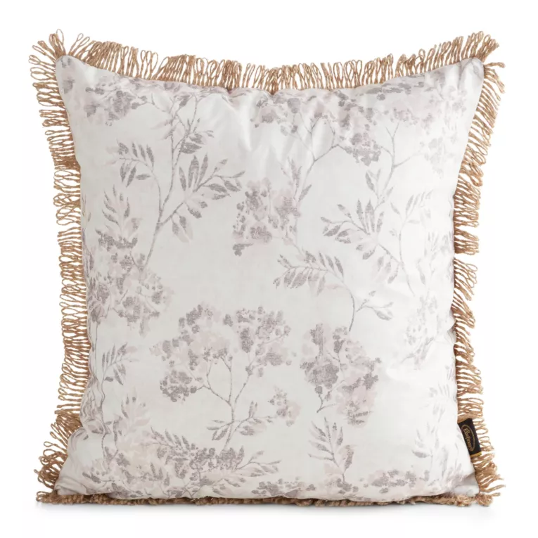 Poszewka na poduszkę 45x45 cm z tkaniny wodoodpornej na taras oraz balkon zdobiona nadrukiem roślinnym i frędzli kremowo, beżowa GARDEN Eurofirany