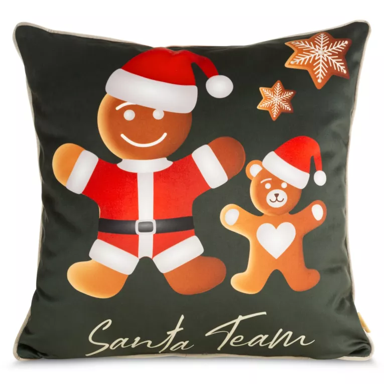 Poszewka na poduszkę 60x60 cm welwetowa ze świątecznym motywem pierników zielono, czerwona GINGER Eurofirany