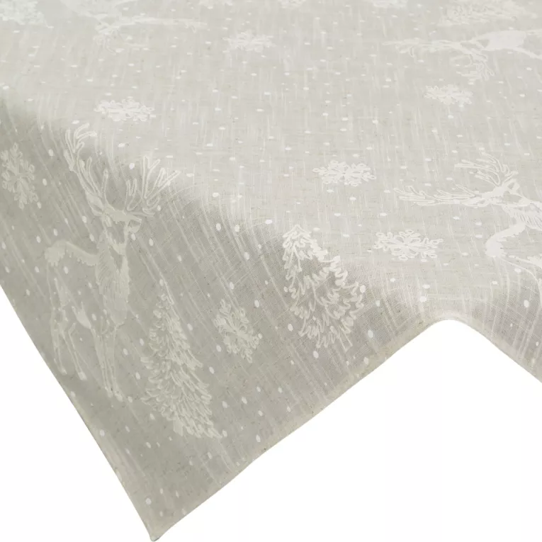 Obrus świąteczny 85x85 cm beżowy o strukturze lnu zdobiony delikatnym nadrukiem Eurofirany