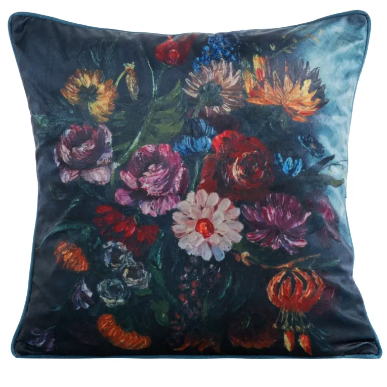 Poszewka na poduszkę 45x45 cm welwetowa zdobiona nadrukiem kwiatów i elegancką lamówką na brzegach granatowo, różowa VELVET 112 Eurofirany