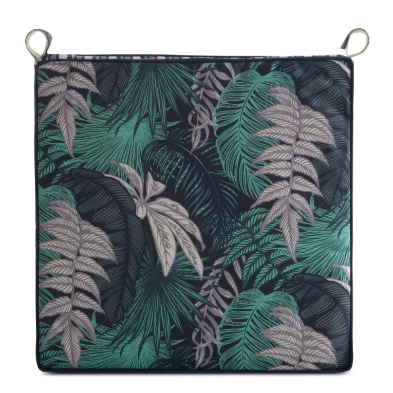 Poduszka na krzesło 42 x 42 x 4 cm wodoodporna granatowo, turkusowa zdobione motywem botanicznym GARDEN Eurofirany