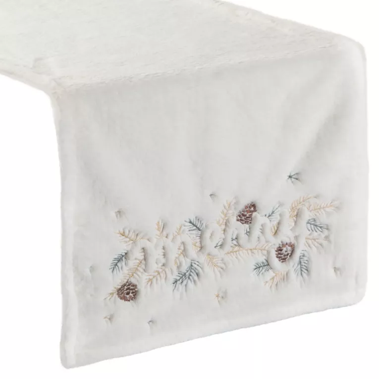 Bieżnik na stół kremowo, zielony 40x180 cm z przyjemnego futerka PINO z haftem