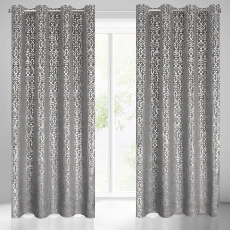 Zasłona stalowo, złota ze złotym wzorem z welwetu 140x250 cm przelotka LAURA Eurofirany