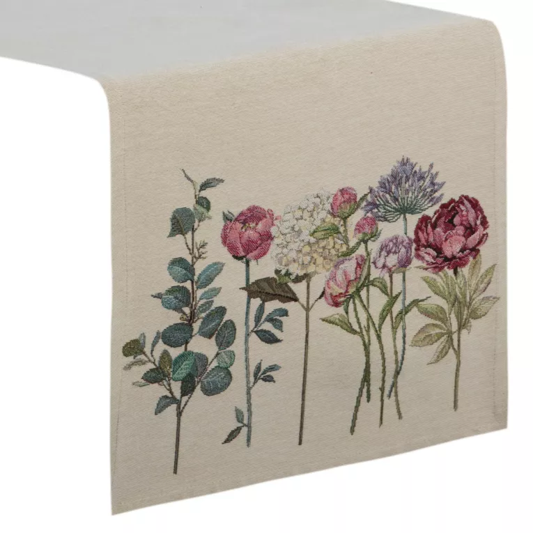 Bieżnik na stół naturalno, ciemnoróżowy 40x100 cm gobelinowy z nadrukiem letnich kwiatów