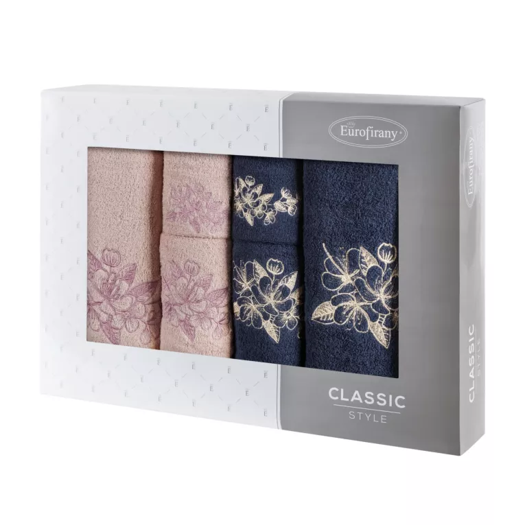 Zestaw ręczników bawełnianych 6 szt kolor granatowy, pudrowy z haftowanym motywem kwiatu wiśni 400 g/m2 SOFIA Eurofirany