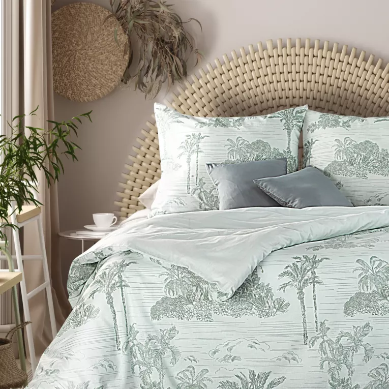 Pościel 220x200 bawełniana kolor biały, szałwiowy z motywem palm MONTENEGRO 5 Terra Collection Eurofirany